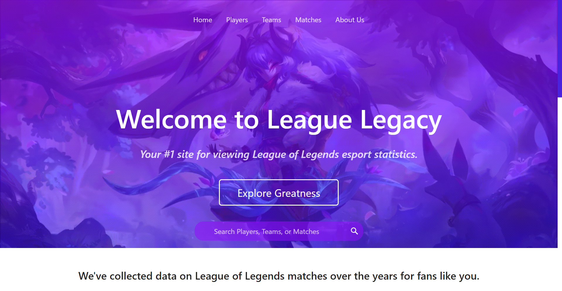 League Legacy Homescreen, featuring an animated backdrop, navigation button, and search function.