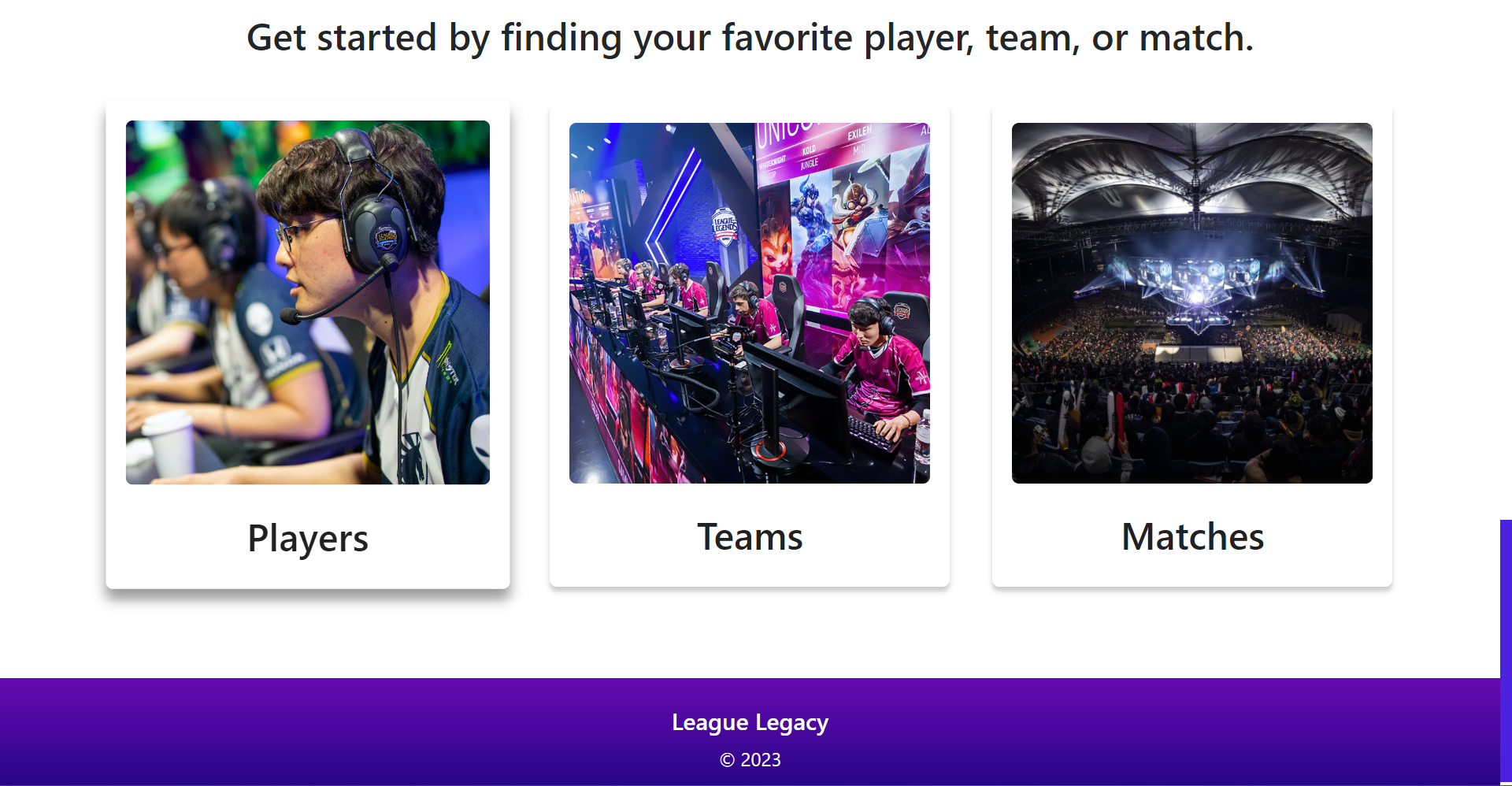 League Legacy Homescreen, featuring navigation buttons to the Players, Teams, and Matches pages.