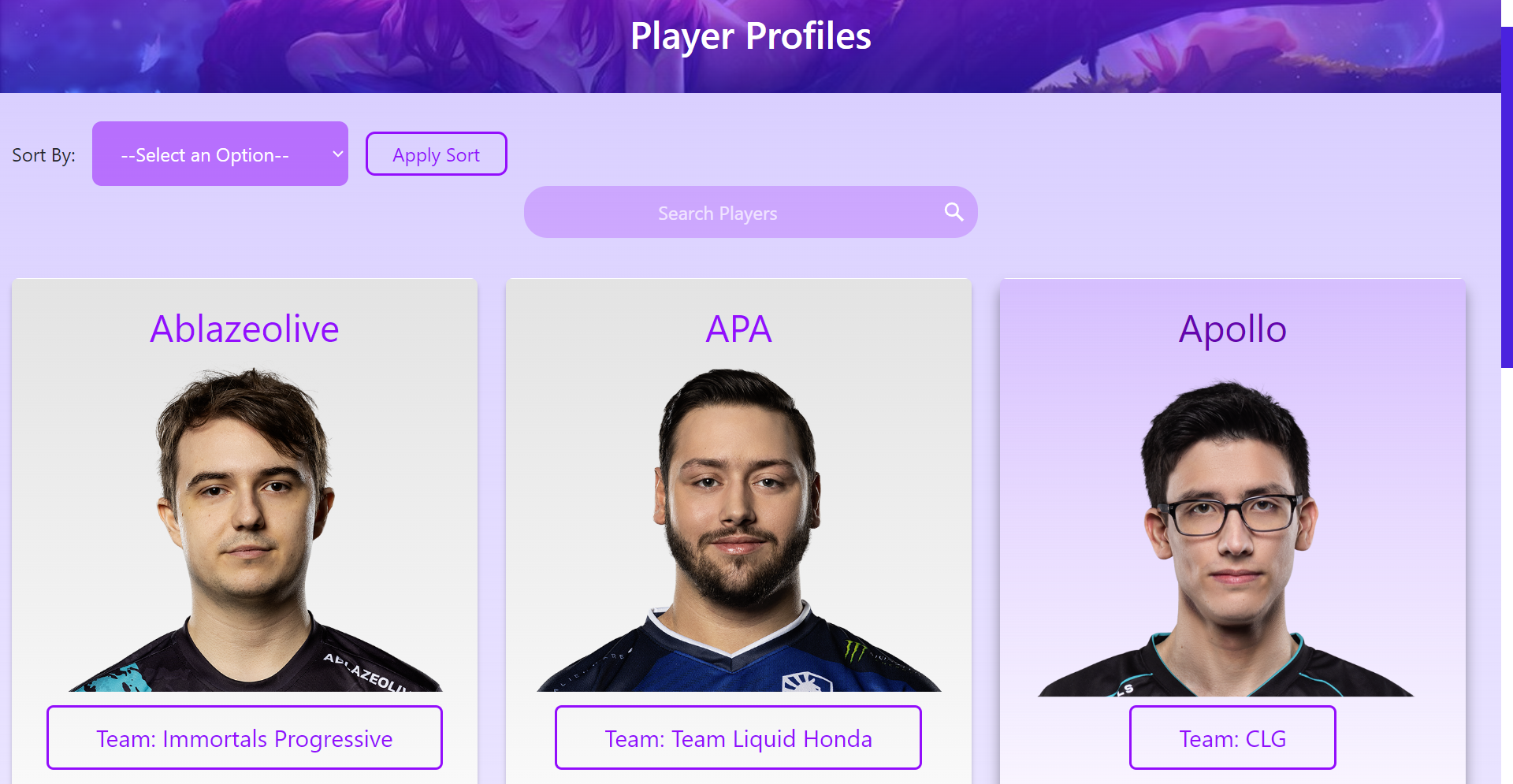 League Legacy Players Page, featuring a dynamic photo grid with live updates, a sort feature, and a search function.